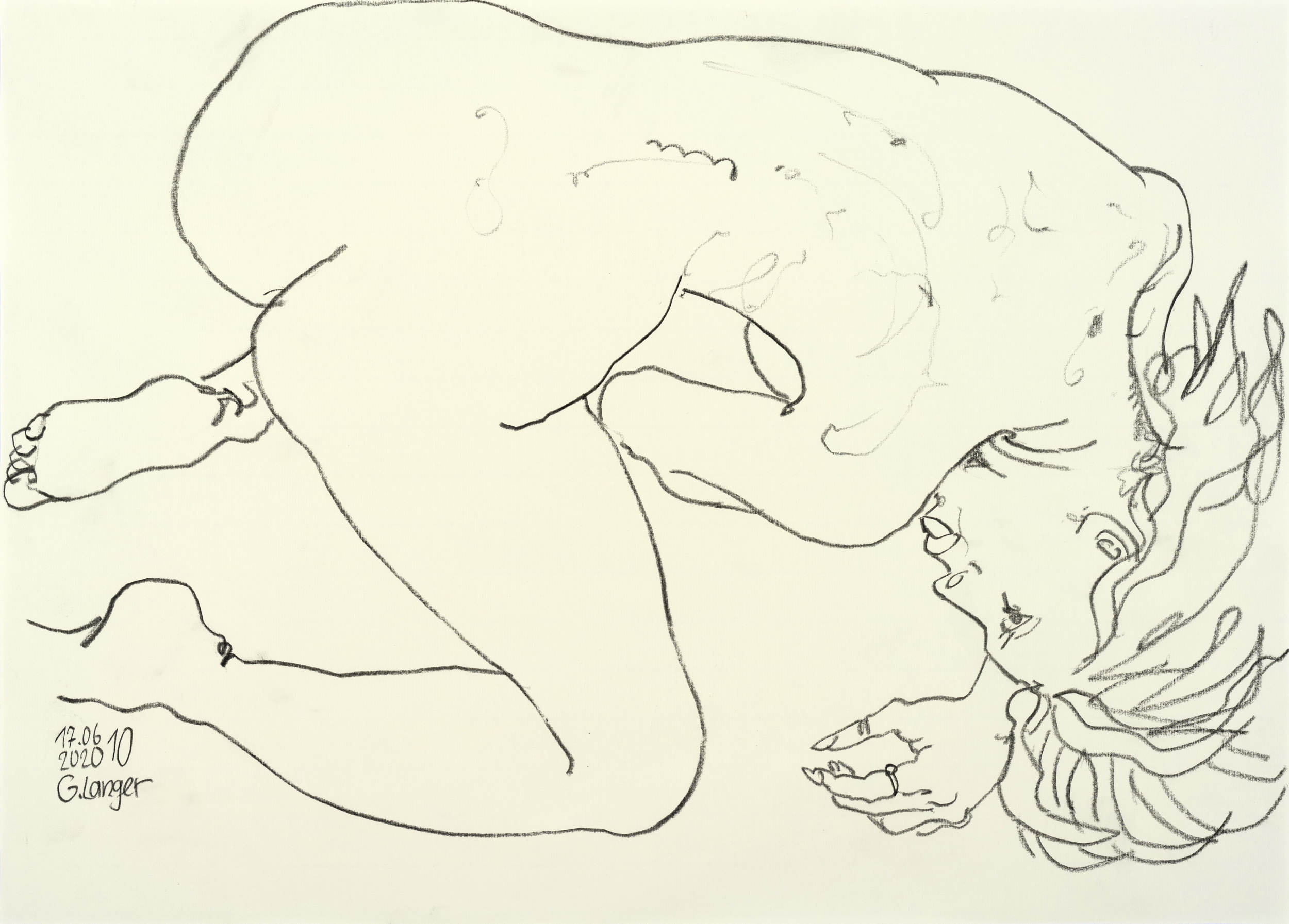 Gunter Langer, Kniender Mädchenakt nach vorn gebeugt, 2020, Zeichnung, Zeichenpapier, 70 x 50 cm